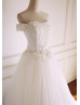 Off The Shoulder Ivory Lace Tulle Basque Waist Wedding Dress